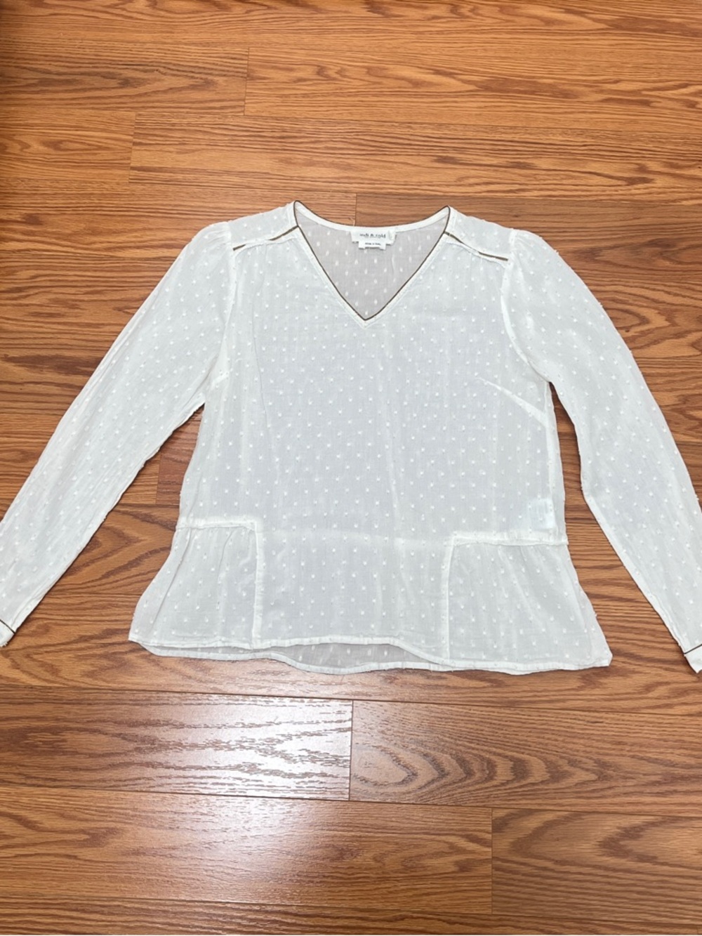 Indi & Cold Sheer White Blouse, XS, White and Gold Swiss Dot Peplum Ruffle
